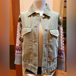 Pilcro Olive Utility Jacket with Patterned Knit  Sleeves